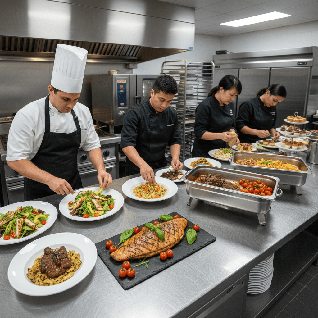 Professional catering preparation and food plating