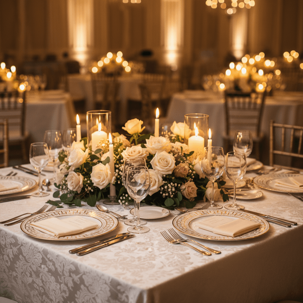 Formal catered dinner table setup