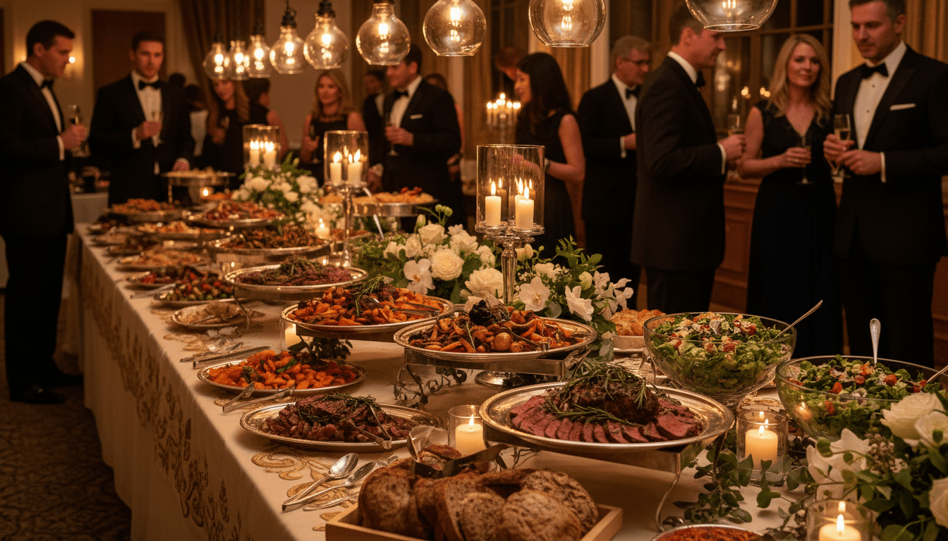 Professionally arranged catering spread with curated dishes on elegant table setting