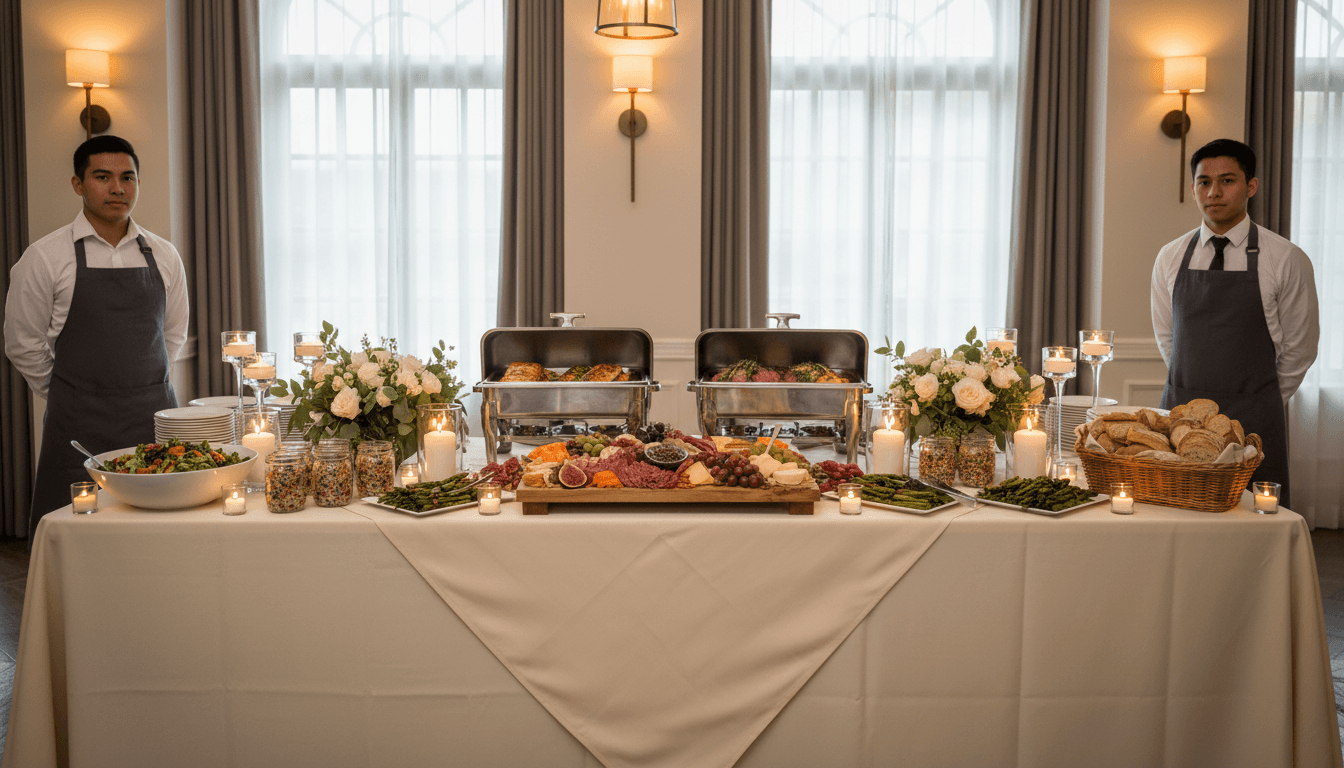 Beautifully arranged catering display with professional plated dishes and event setup