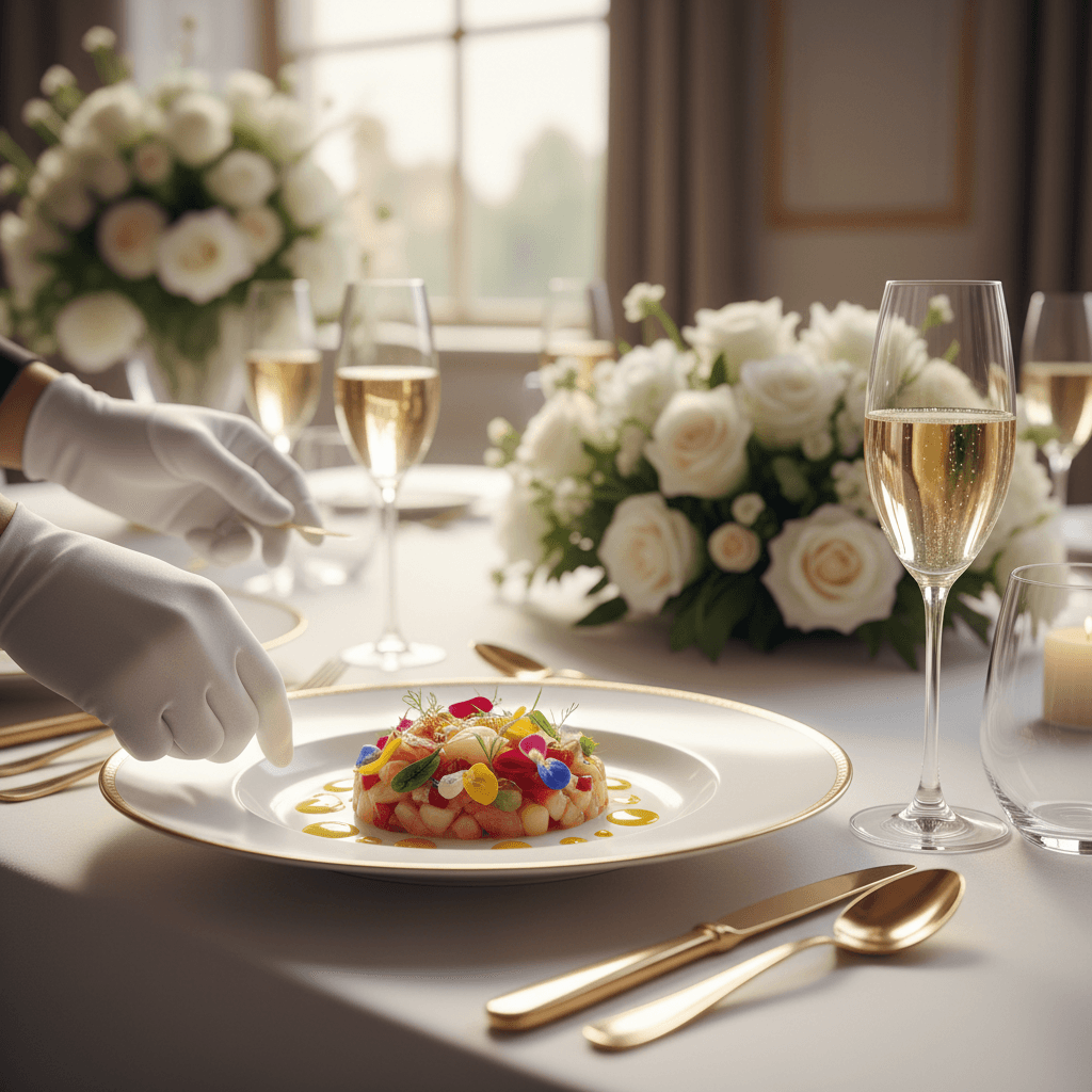 Beautifully plated gourmet catering dishes arranged on an elegant table