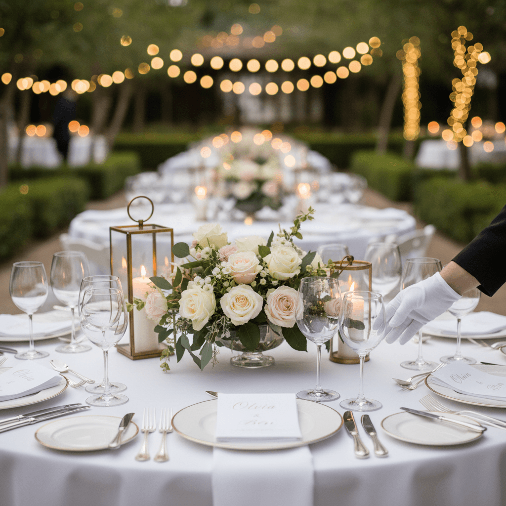 Elegantly decorated outdoor event table with fine linens, floral centerpiece, and professional place settings